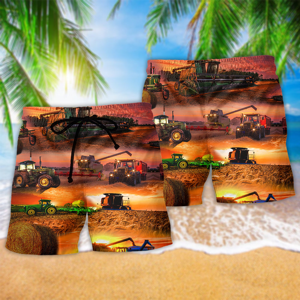 Tractor Harvest Season Farm Beach Shorts Pattern Detail For Cruise Vacations And Relaxed Casual Style