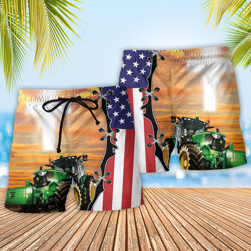 Farmer Tractor Pride Beach Shorts Pattern Detail For Holiday Travel And Memorable Gift Ideas