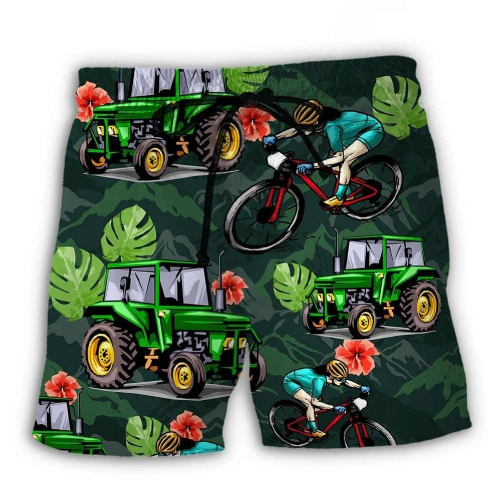 Tractor And Mountain Biking Lover Beach Shorts Pattern View For Vacation Travel And Outdoor Fun
