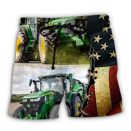 Tractor Green USA Flag Independence Day Beach Shorts Design Detail For Weekend Getaways And Beach Days