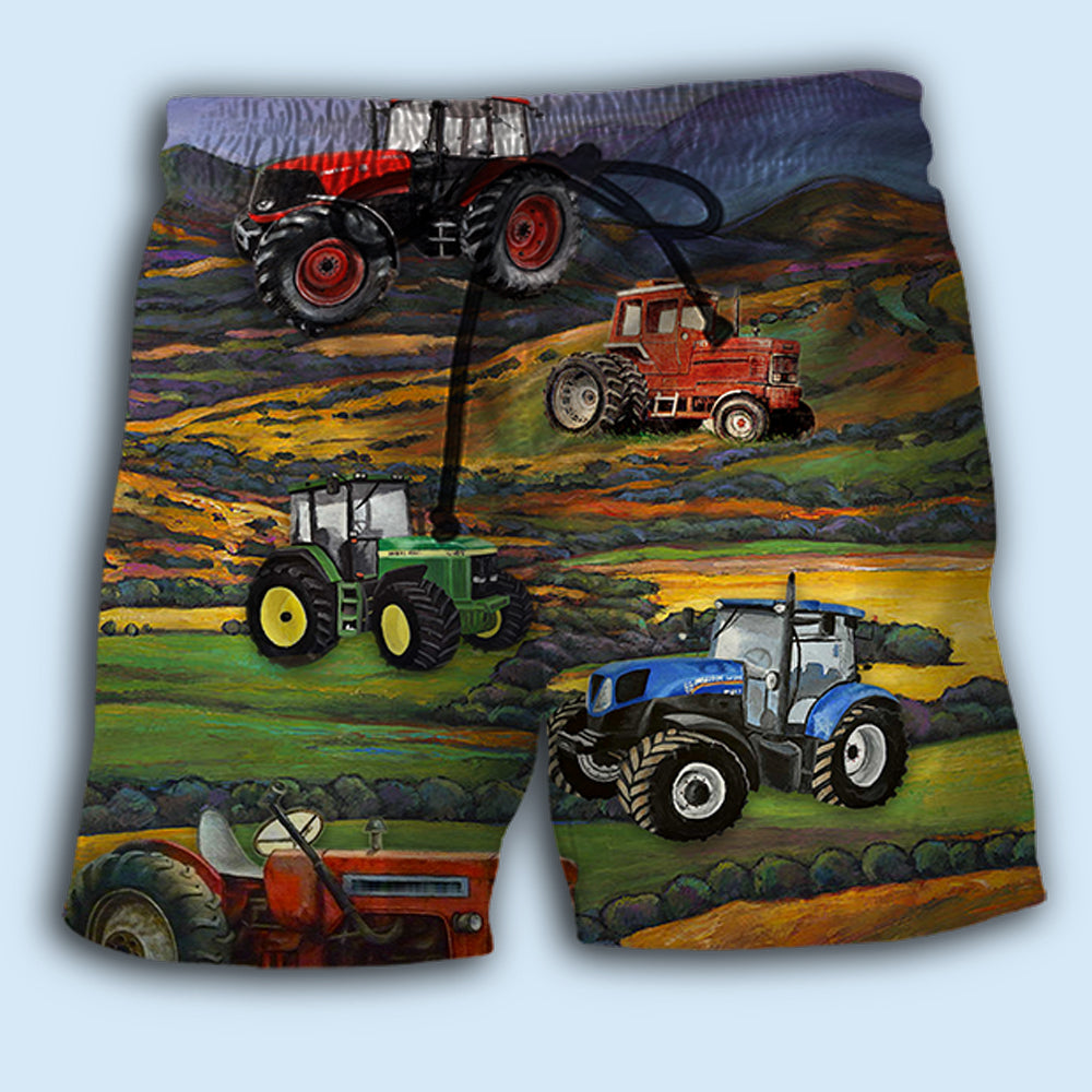 Tractor Mountain Vintage Beach Shorts Pattern View For Relaxed Vacation Styling