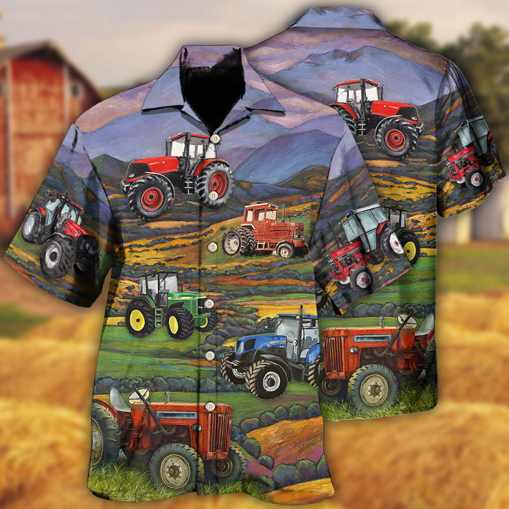 Vintage Tractor Farm Hawaiian Shirt For Summer Vacation, Beach Travel, And Casual Wear