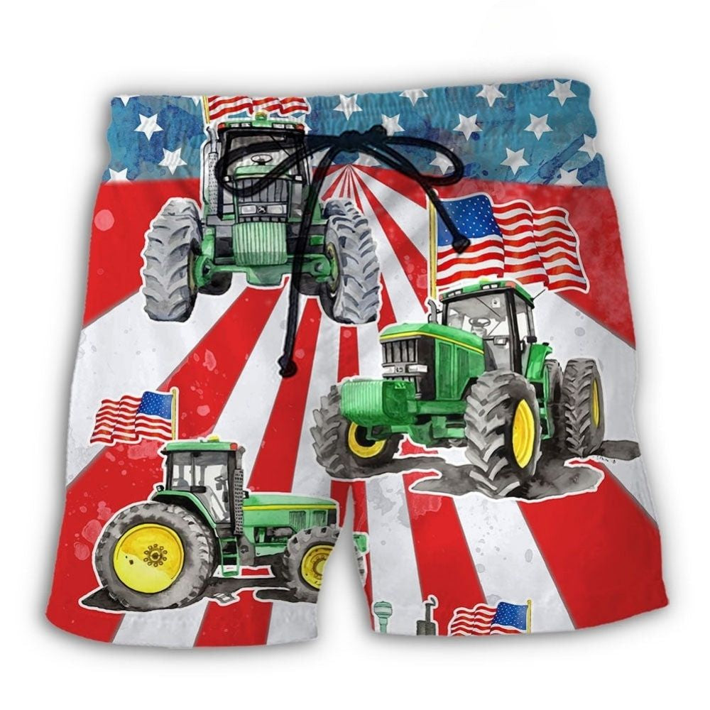 Tractor Watercolor USA Flag Independence Day Beach Shorts Artwork View For Seaside Trips And Casual Style