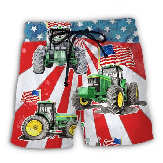 Tractor Watercolor USA Flag Independence Day Beach Shorts Artwork View For Seaside Trips And Casual Style