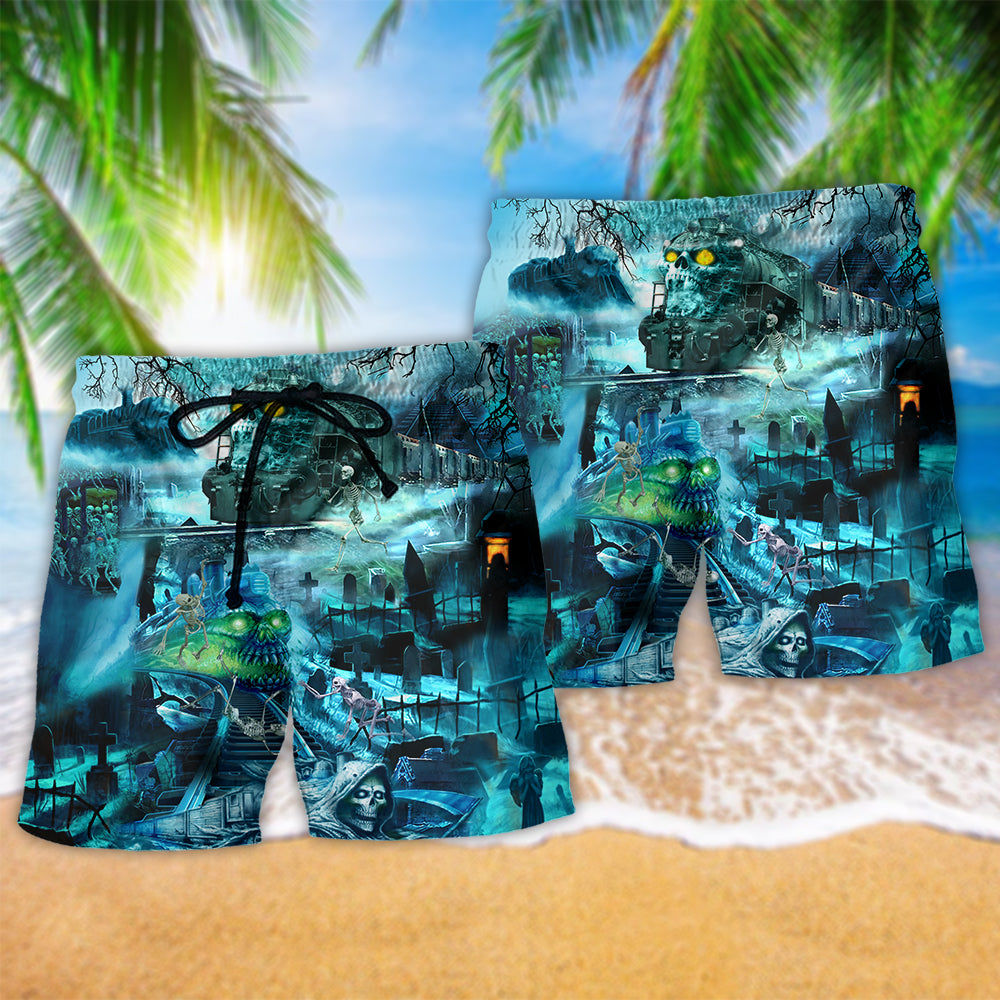Train Ghost Blue Style Hawaiian Print Beach Shorts For Coastal Drives And Casual Style