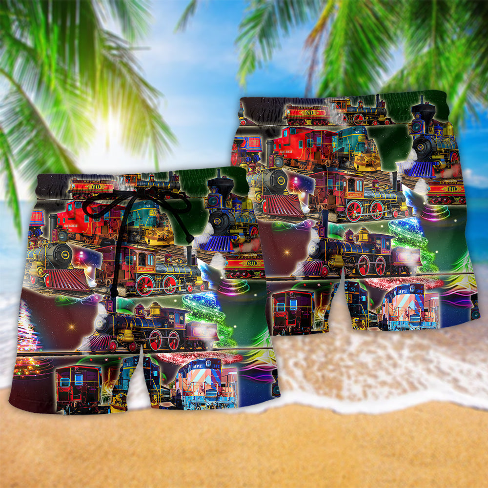 Christmas Train Beach Shorts Pattern Detail For Poolside Fun And Travel Ready Comfort