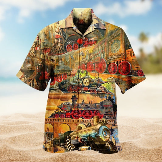 Vintage Train Hawaiian Shirt For Island Vacations, Resort Wear, And Relaxed Seasonal Style