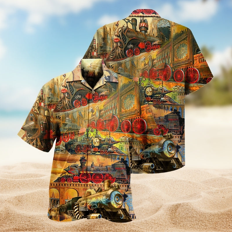 Vintage Train Hawaiian Shirt For Island Vacations, Resort Wear, And Relaxed Seasonal Style