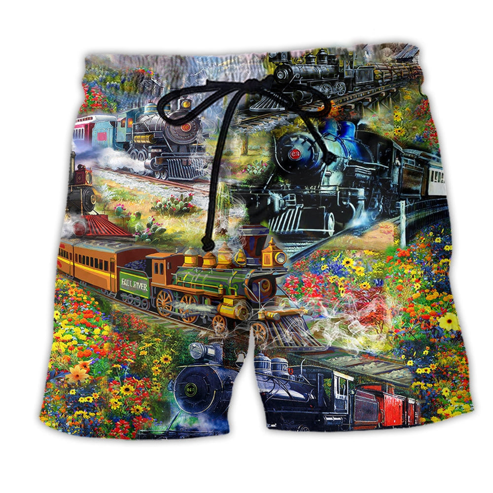 Train Spring Hill Scenic Ride Beach Shorts Pattern View For Weekend Trips And Outdoor Activities