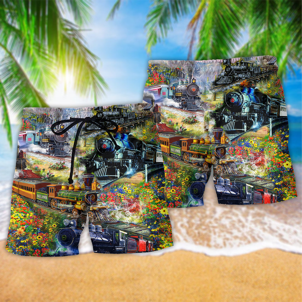 Train Spring Hill Scenic Ride Beach Shorts Artwork Detail For Car And Bike Lover Gifts