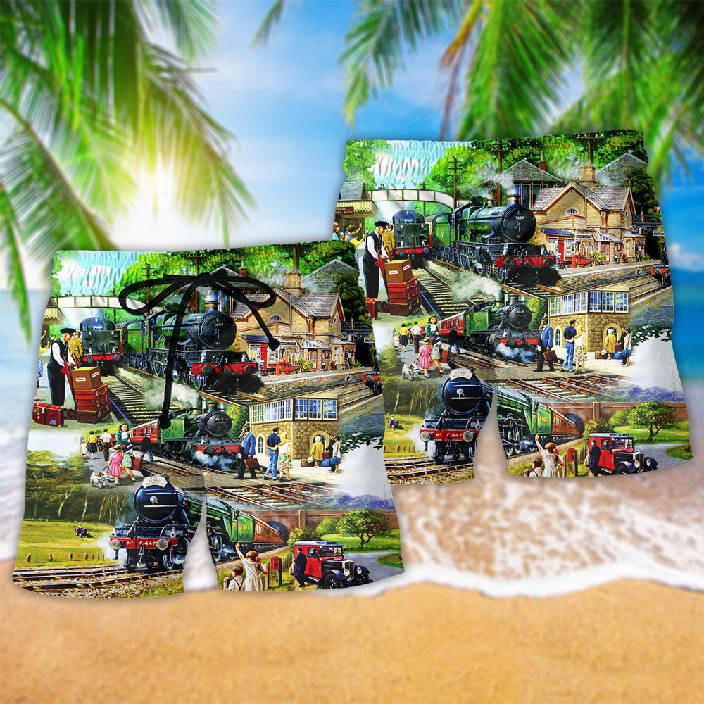 Train Track Landscape Beach Shorts Pattern Detail For Island Trips And Distinctive Seasonal Style