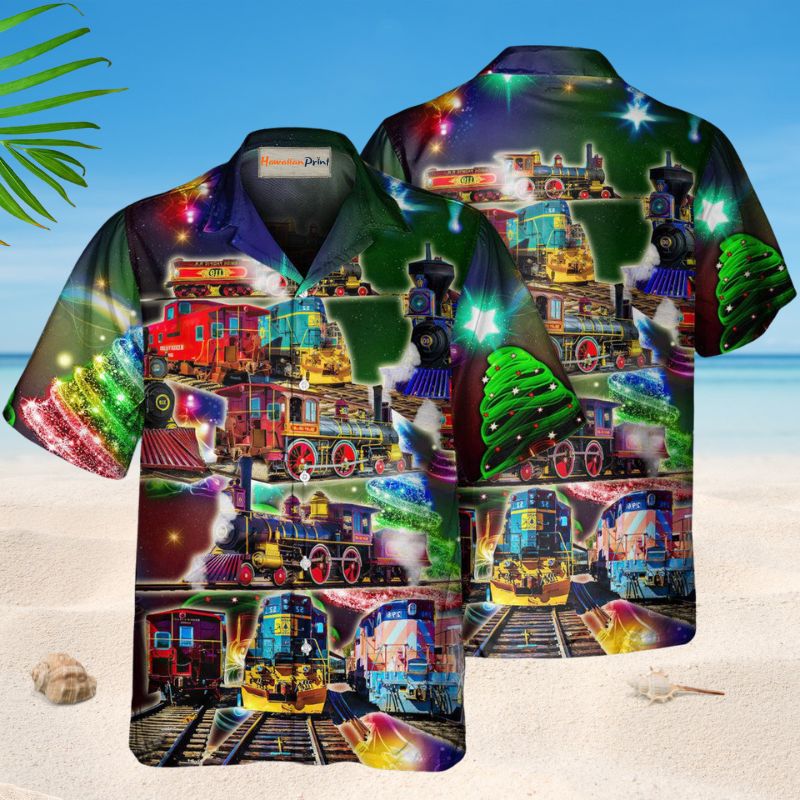 Festive Train Christmas Hawaiian Shirt For Summer Vacation, Beach Travel, And Casual Wear