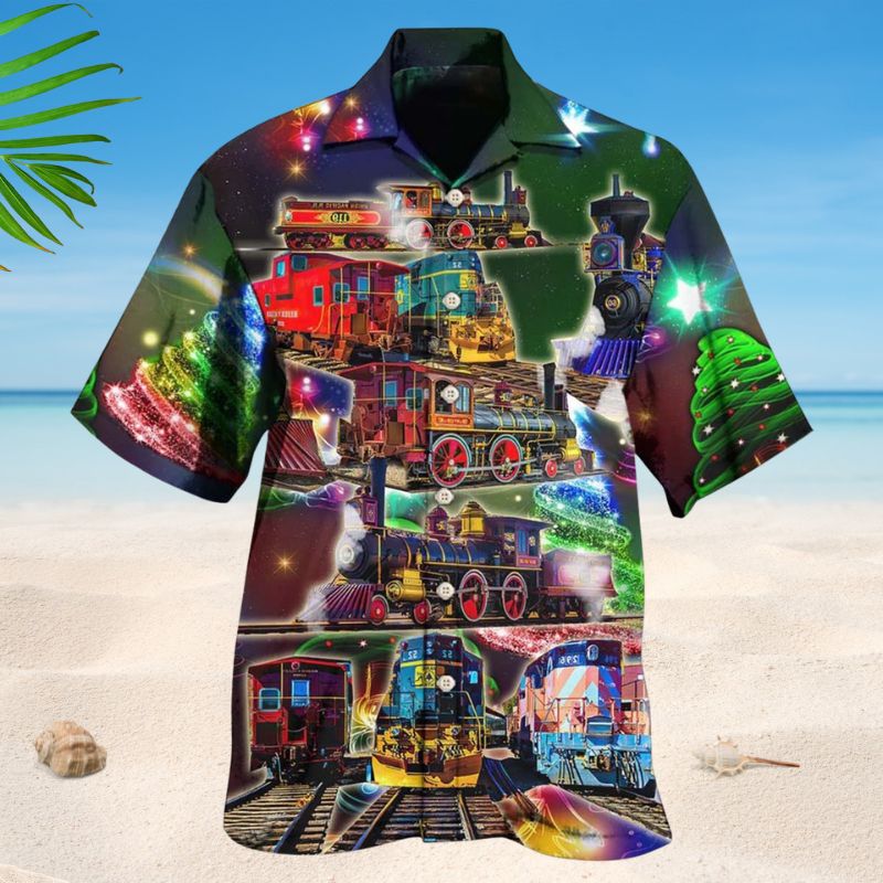 Festive Train Christmas Hawaiian Shirt For Summer Vacation, Beach Travel, And Casual Wear