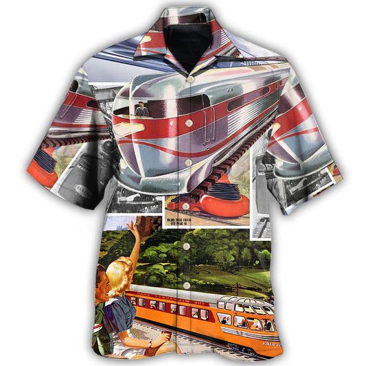 Retro Creative Train Transportation Hawaiian Shirt For Resort Trips, Coastal Parties, And Warm Weather Style