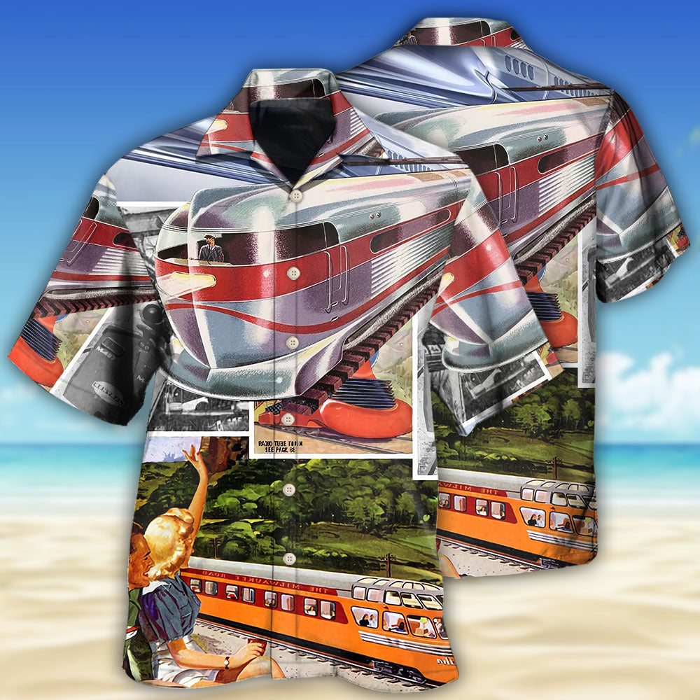 Retro Creative Train Transportation Hawaiian Shirt For Resort Trips, Coastal Parties, And Warm Weather Style