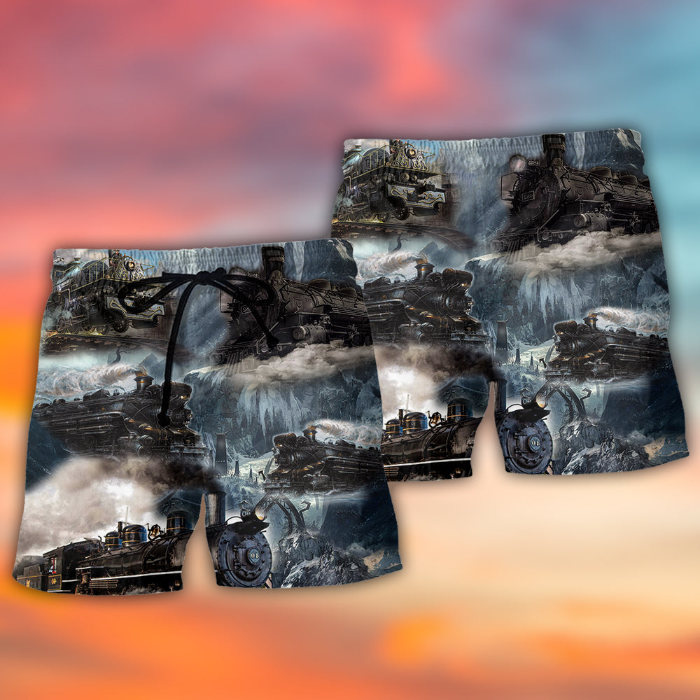 Train Near Stream Scenic Beach Shorts Design Detail For Weekend Getaways And Beach Days
