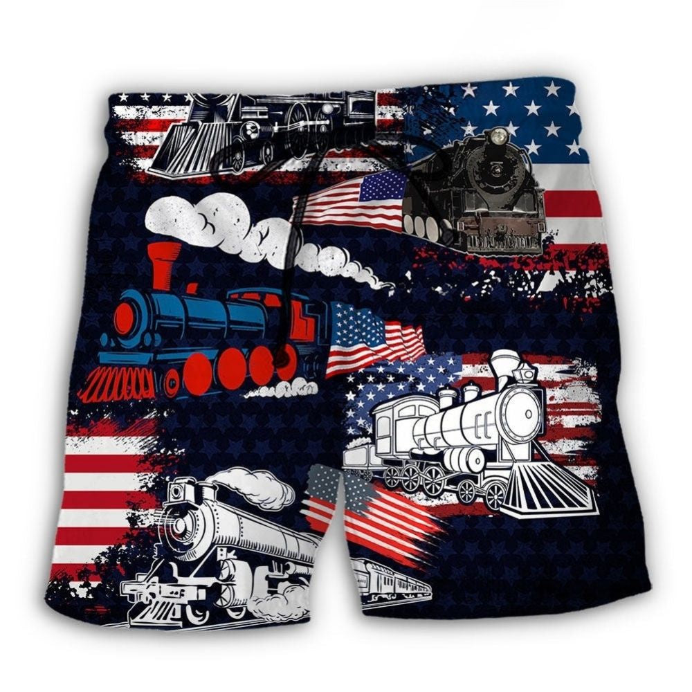 Train USA Independence Day Tribute Beach Shorts Print View For Coastal Escapes And Casual Outings