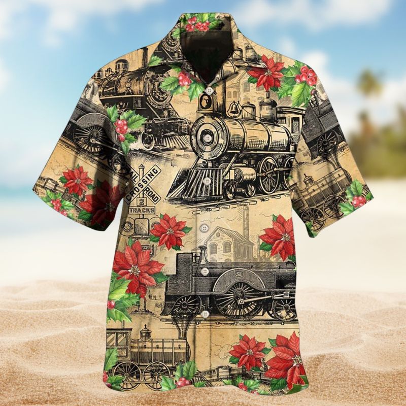 Festive Vintage Train Christmas Hawaiian Shirt For Summer Vacation, Beach Travel, And Casual Wear