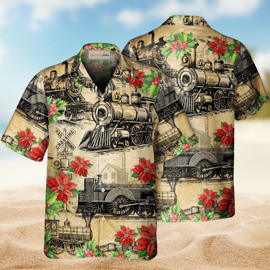 Festive Vintage Train Christmas Hawaiian Shirt For Summer Vacation, Beach Travel, And Casual Wear