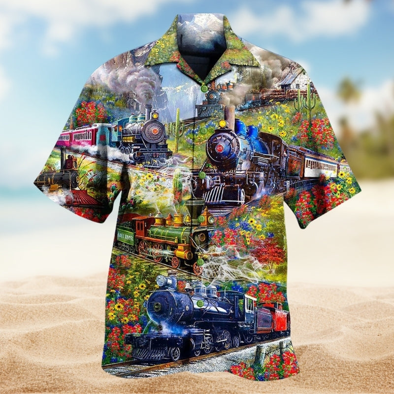 Spring Trains Hill Hawaiian Shirt For Island Vacations, Resort Wear, And Relaxed Seasonal Style