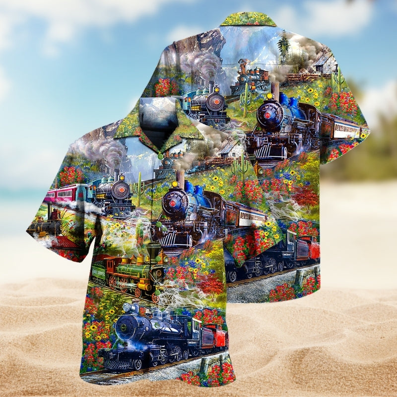Spring Trains Hill Hawaiian Shirt For Island Vacations, Resort Wear, And Relaxed Seasonal Style