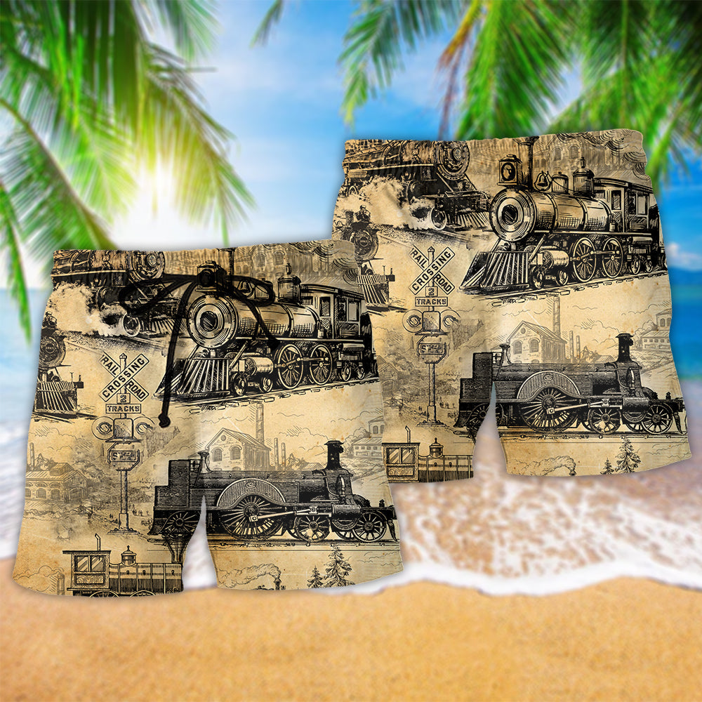Train Railway Yellow Beach Shorts Design Detail For Resort And Beach Day Style