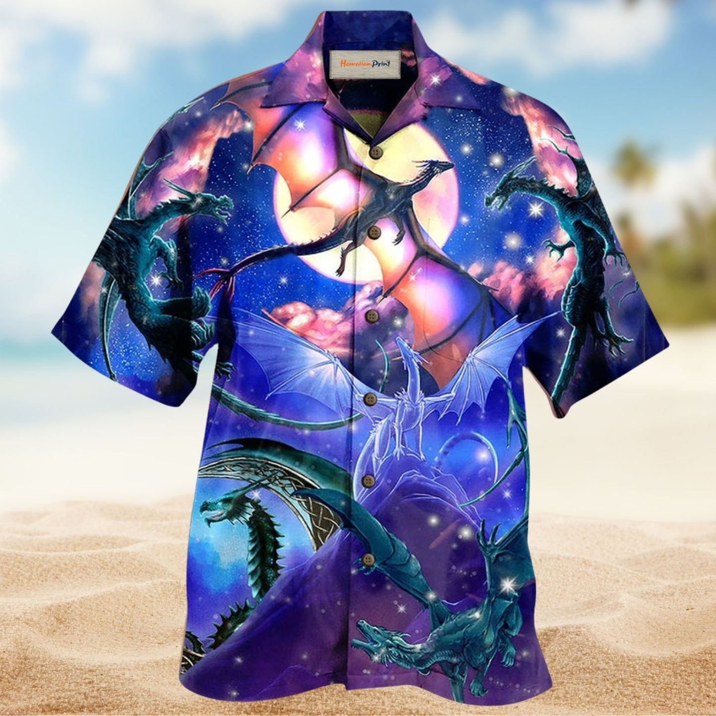 Dragonfly Flying Moon Hawaiian Shirt Artwork Detail For Tropical Trips And Casual Outings