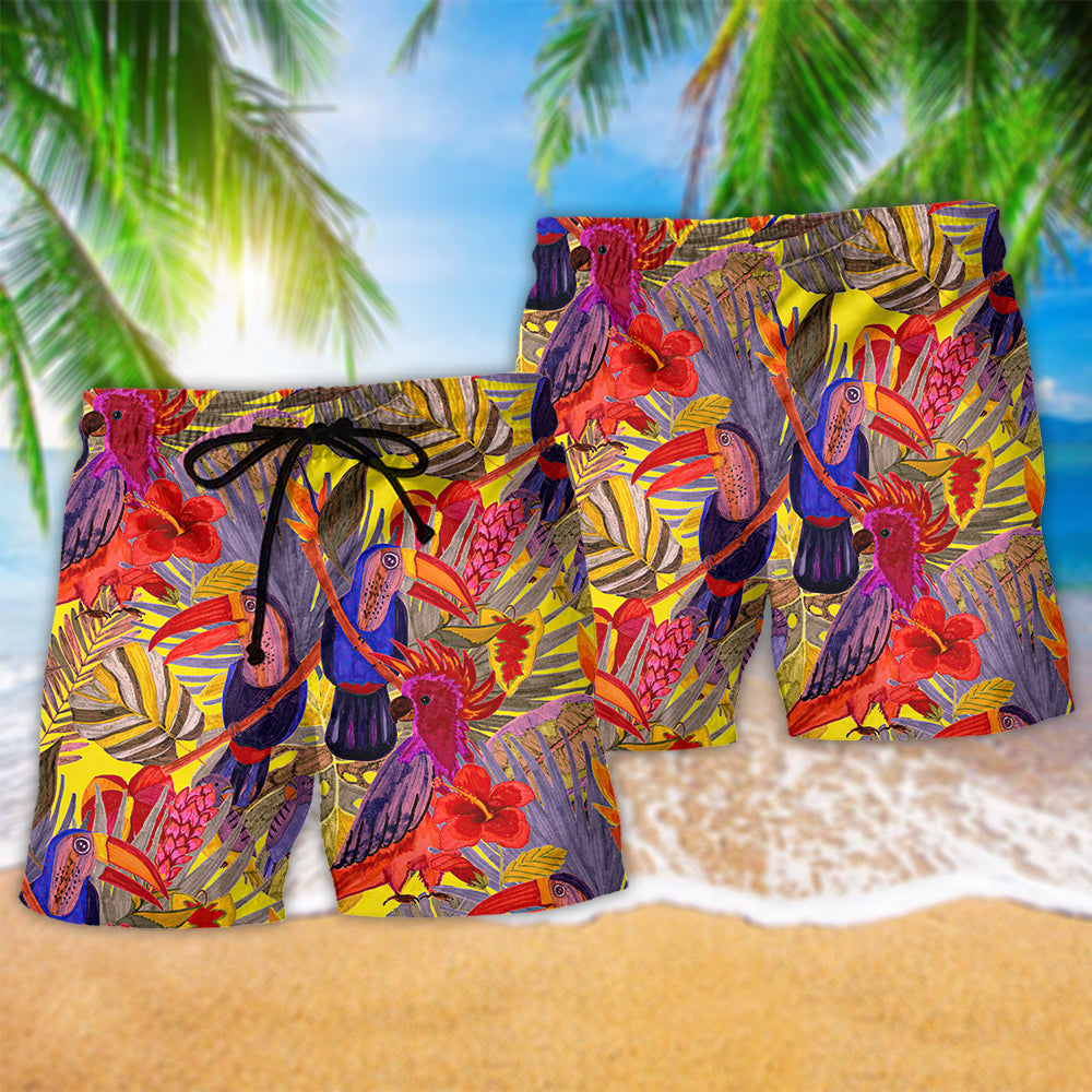Colorful Tropical Bird Beach Shorts Pattern Detail For Casual Outings And Comfortable Daily Wear