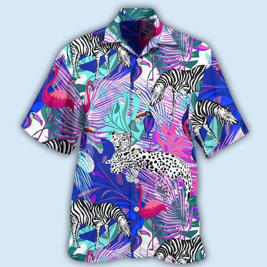 Tropical Animals Jungle Leaf Design Hawaiian Shirt For Tropical Holidays, Outdoor Gatherings, And Everyday Comfort