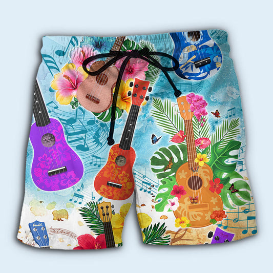 Ukulele Tropical Island Music Vibes Beach Shorts Pattern View For Resort Days And Outdoor Activities