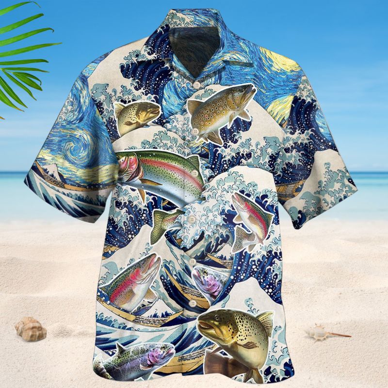 Trout Fishing Waves Hawaiian Shirt For Sports Fans, Summer Outings, And Relaxed Vacation Wear