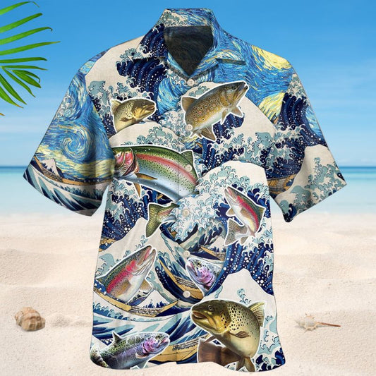 Trout Fishing Waves Hawaiian Shirt For Sports Fans, Summer Outings, And Relaxed Vacation Wear