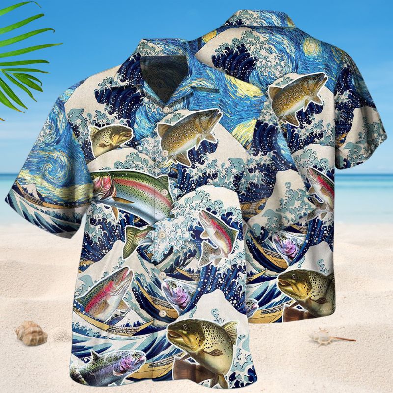 Trout Fishing Waves Hawaiian Shirt For Sports Fans, Summer Outings, And Relaxed Vacation Wear