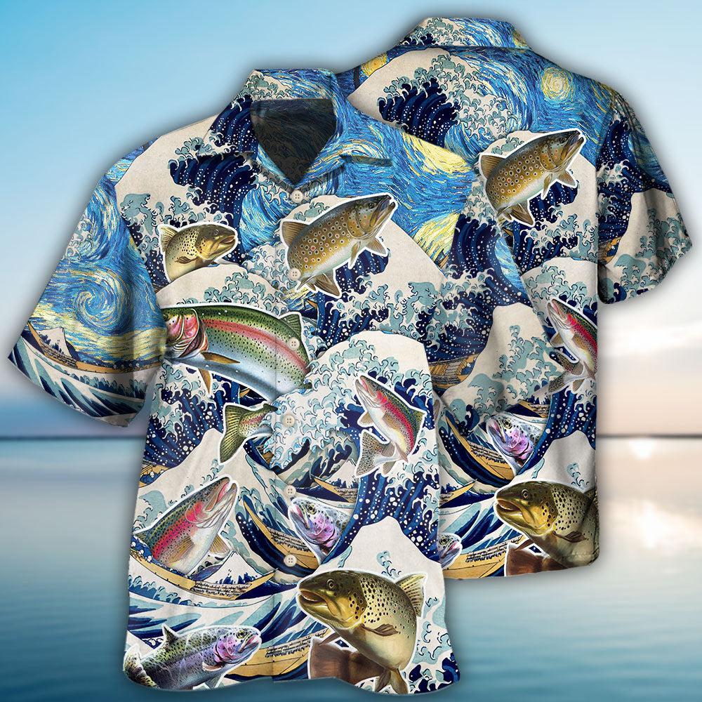Fishing Trout Big Waves Hawaiian Shirt Design View For Casual Summer Styling