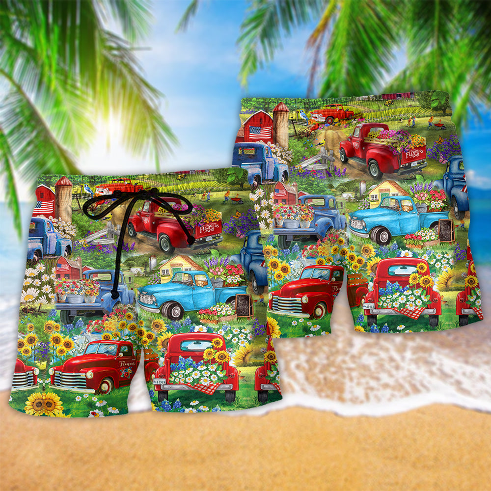 Floral Pickup Truck Beach Shorts Pattern Detail For Coastal Travel And Weekend Casual Style