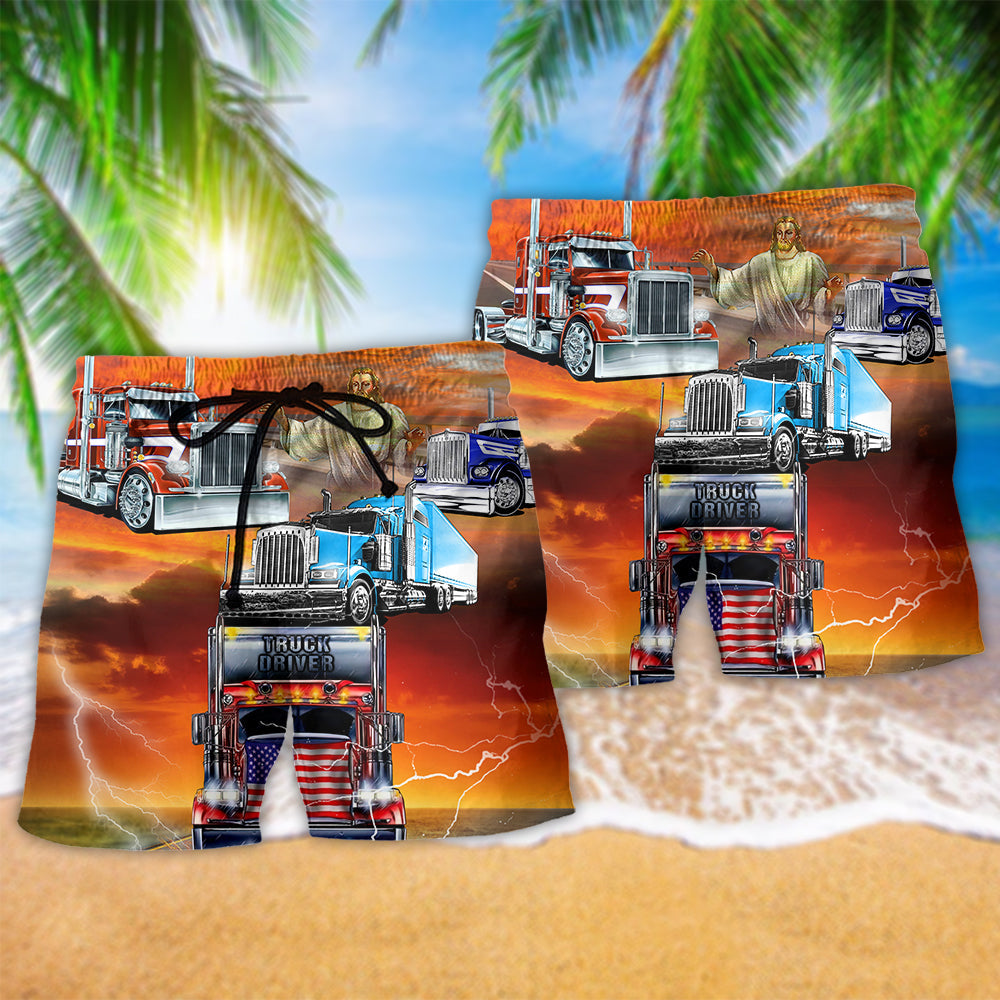 Truck Driver Blessed Beach Shorts Print Detail For Thoughtful Gift Giving