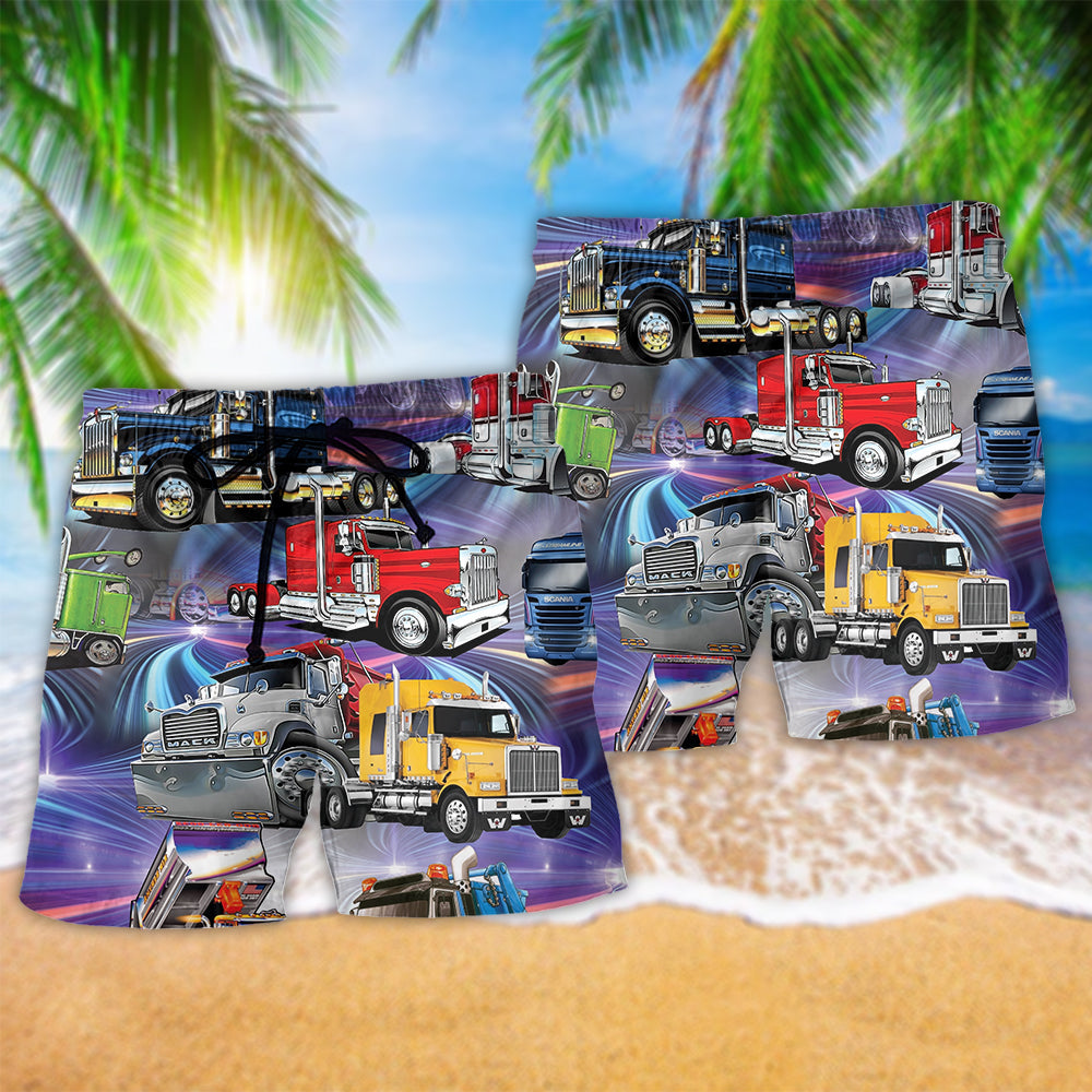Truck Life Style Neon Hawaiian Print Beach Shorts For Outdoor Adventures And Comfort