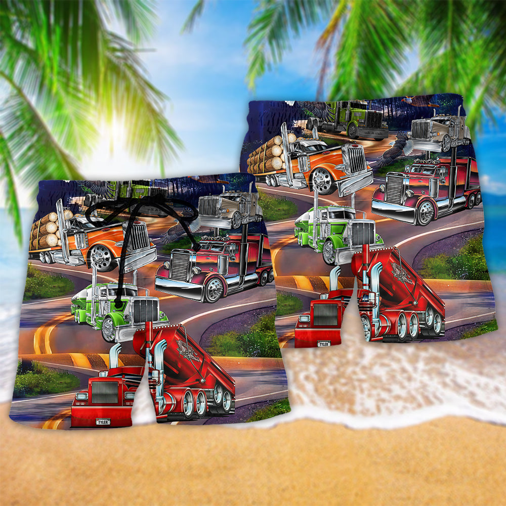 Proud Trucker Eagle Road Beach Shorts Pattern Detail For Warm Weather Comfort And Relaxed Casual Style