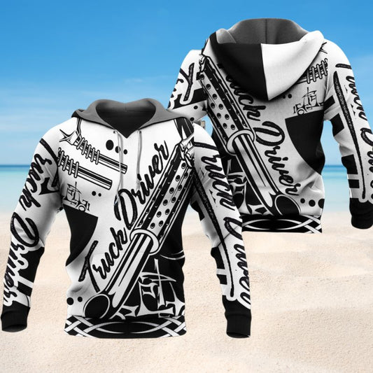 Black White Truck Driver Simple Hoodie For Automotive Fans Seasonal Travel And Casual Streetwear