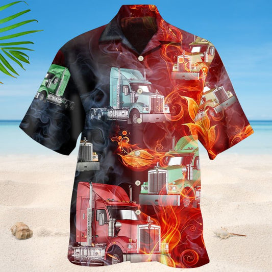 Truck Racing Fire Hawaiian Shirt For Racing Fans, Summer Outings, And Relaxed Vacation Wear