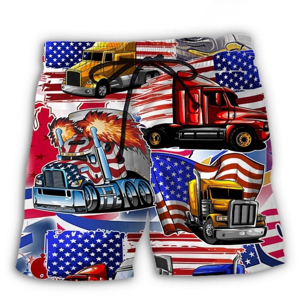Truck US Flag Independence Day Beach Shorts Pattern View For Vacation Travel And Outdoor Fun