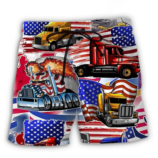 Truck US Flag Independence Day Beach Shorts Pattern View For Vacation Travel And Outdoor Fun