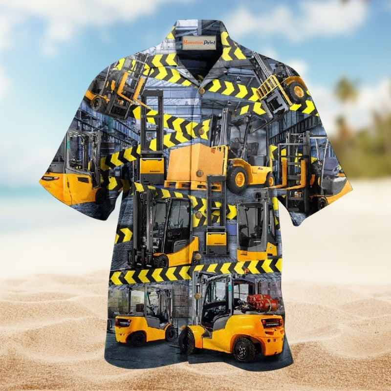 Trucks Be Careful Forklift Trucks Are Coming Here Hawaiian Shirt For Resort Travel Scenic Drives And Casual Summer Wear