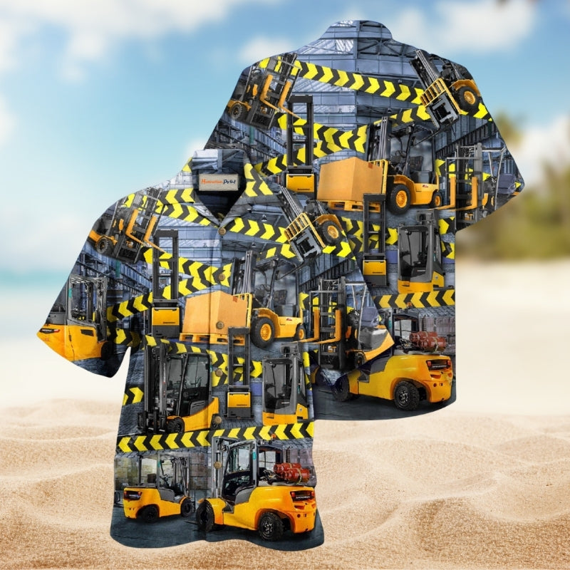 Trucks Be Careful Forklift Trucks Are Coming Here Hawaiian Shirt For Resort Travel Scenic Drives And Casual Summer Wear