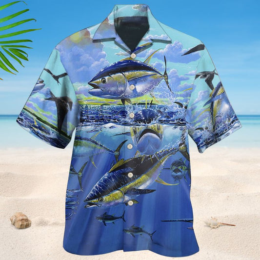 Tuna Fishing Blue Sky Hawaiian Shirt For Summer Vacation, Beach Travel, And Casual Wear