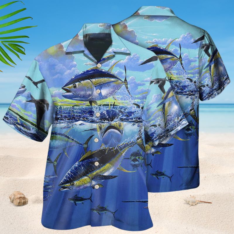 Tuna Fishing Blue Sky Hawaiian Shirt For Summer Vacation, Beach Travel, And Casual Wear