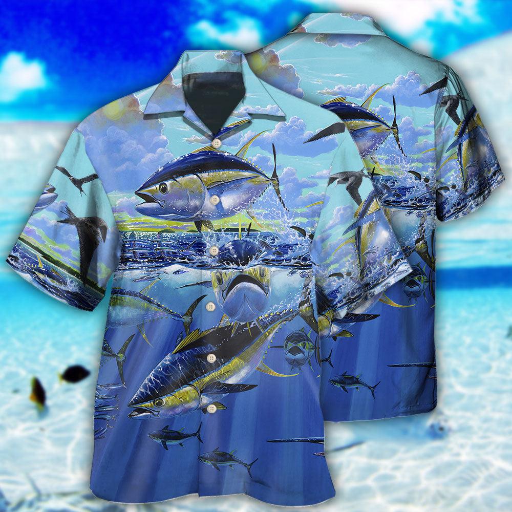Blue Fishing Tuna Sky Ocean Hawaiian Shirt Pattern Detail For Vacation Travel And Daily Wear