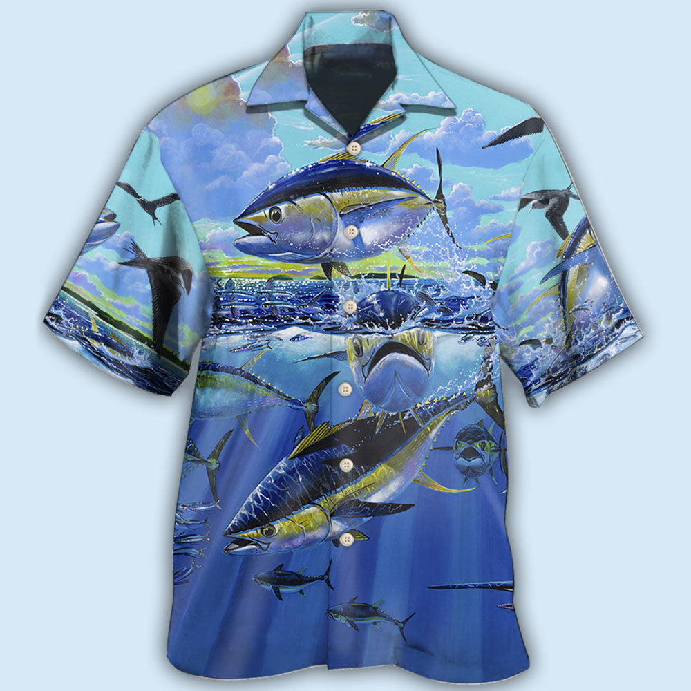 Blue Fishing Tuna Sky Ocean Hawaiian Shirt For Beach Parties And Weekend Getaways