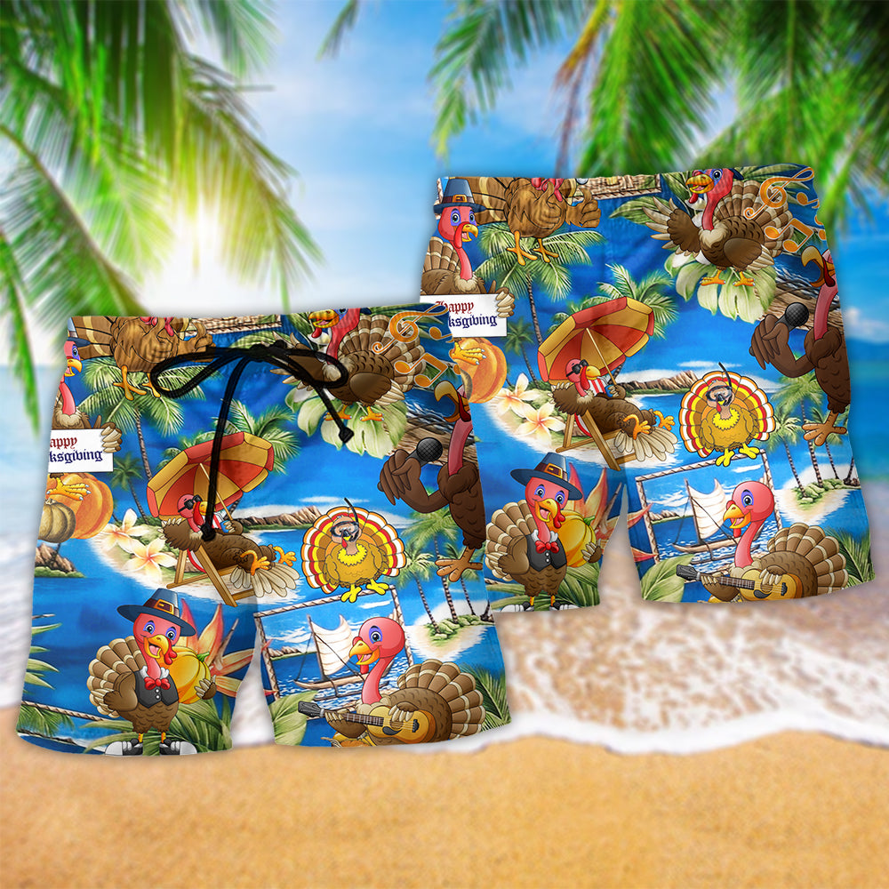 Turkey Happy Thanksgiving Day Beach Shorts Artwork Detail For Casual Warm Weather Outfits