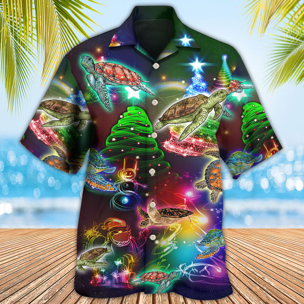 Neon Turtle Light Christmas Hawaiian Shirt Design Detail For Beach Days And Holiday Travel